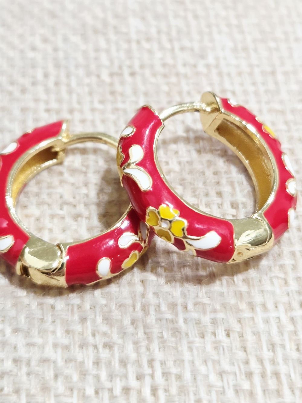Red Floral Enamel Hoop Earrings -
